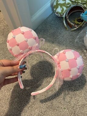 Pink Checkerboard Pearl Mouse Ear Headband